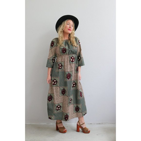 1980's Ankara Super Java African Print Midi Dice Dress // Women's XS to SM - Picture 3 of 9